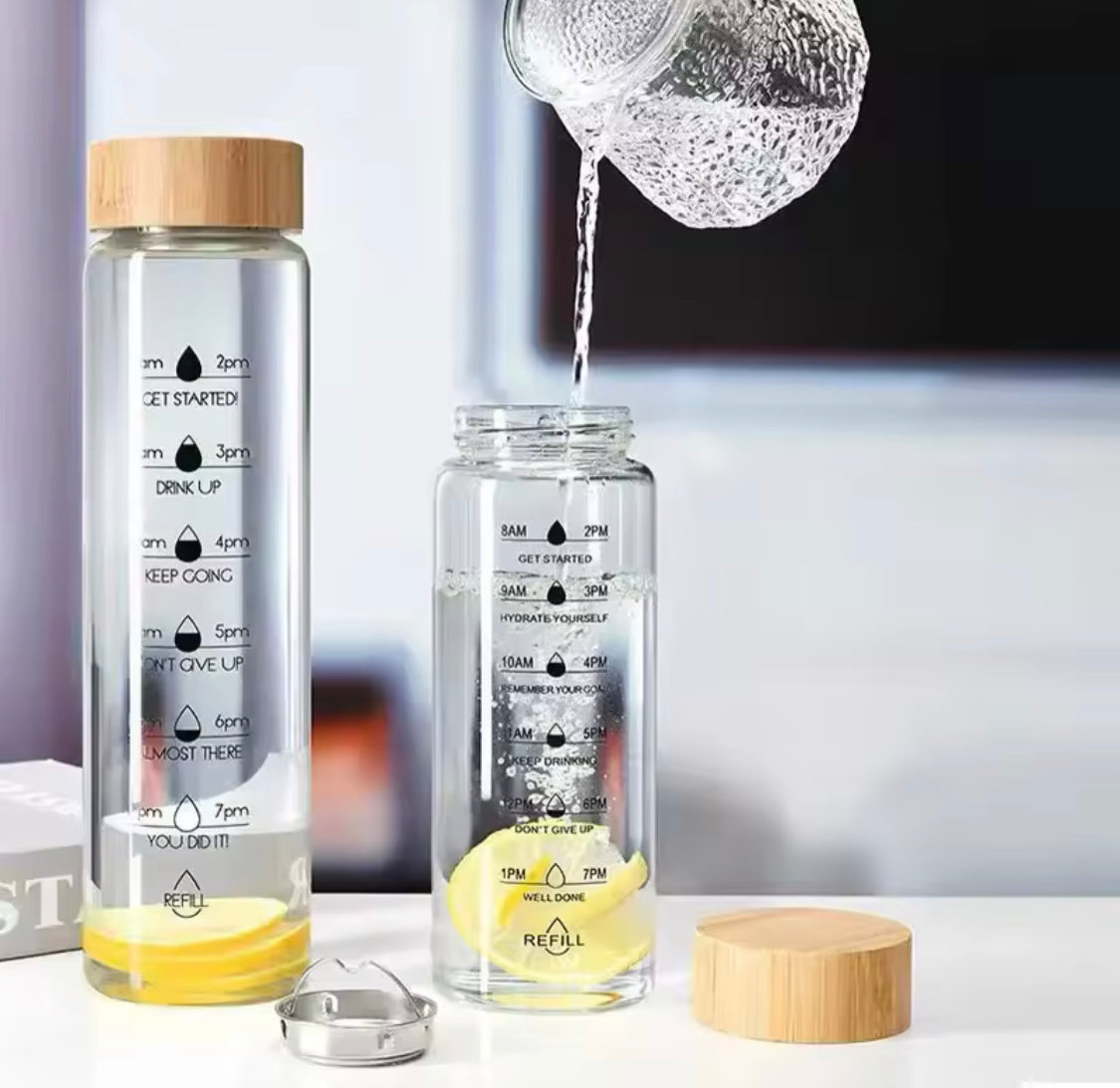 transparent glass water bottle with wooden lid main image
