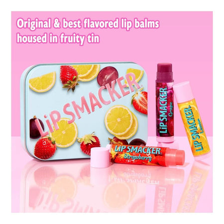 Lip Smacker Nostalgia Lip Balm Trio Tin, Moisturizing & Hydrating Lip Care, Clear Glossy Finish, Fun & Collectible Gift Set, Grape, Lemon, and Strawberry, 12g - Image 3