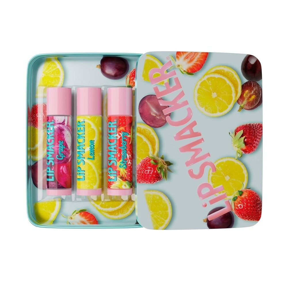 Lip Smacker Nostalgia Lip Balm Trio Tin, Moisturizing & Hydrating Lip Care, Clear Glossy Finish, Fun & Collectible Gift Set, Grape, Lemon, and Strawberry, 12g - Main Image