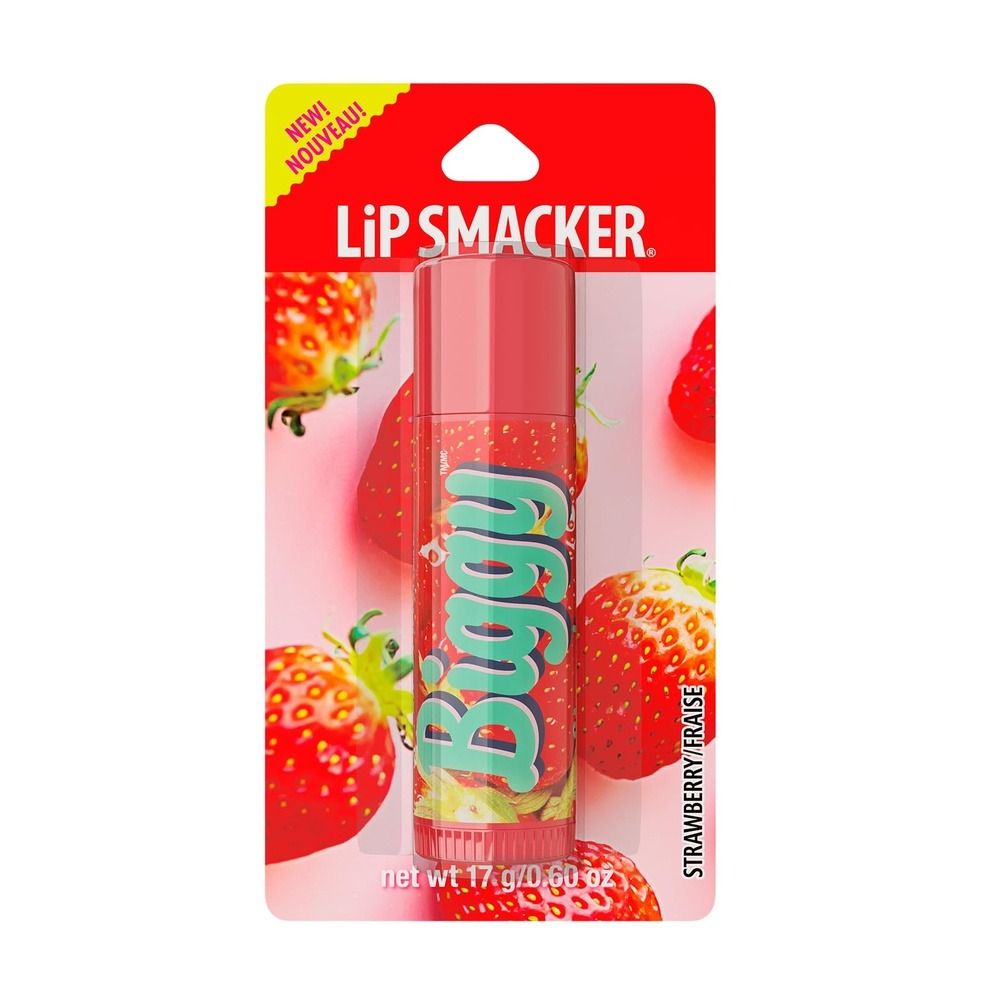 Lip Smacker Biggy Lip Balm, Nostalgic Flavor, Ultra-Moisturizing & Hydrating, Clear Glossy Finish - Strawberry, 17g - Main Image