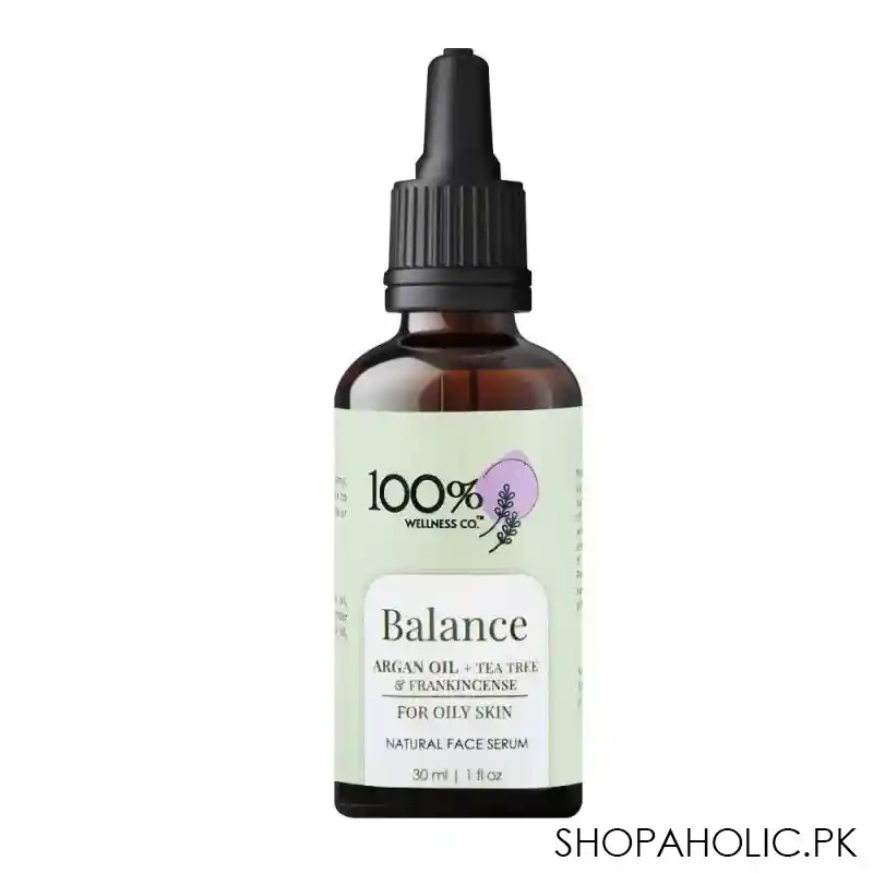100% wellness co balance argan oil + tea tree natural face serum, for oily skin, 30ml main image