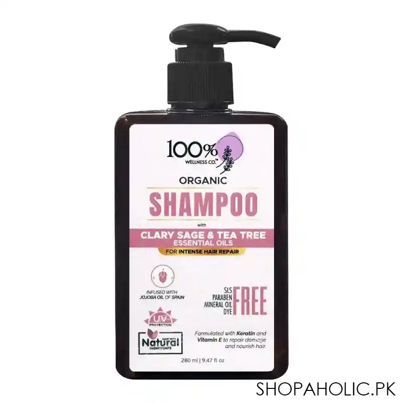 100% wellness co clary sage & tea tre organic shampoo, for intense hair repair, 280ml main image