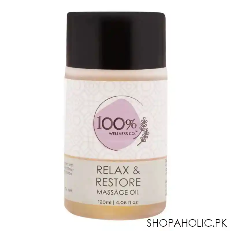 100% wellness co relax & restore massage oil, 120ml main image