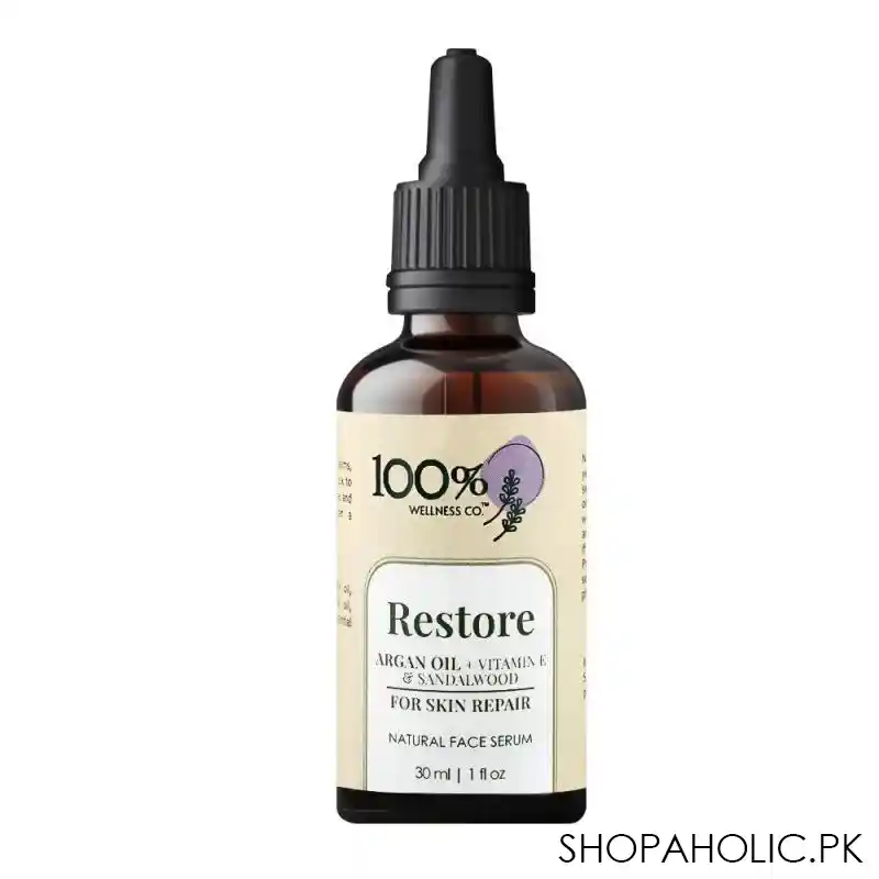 100% wellness co restore argan oil+vitamin e natural face serum, for skin repair, 30ml main image