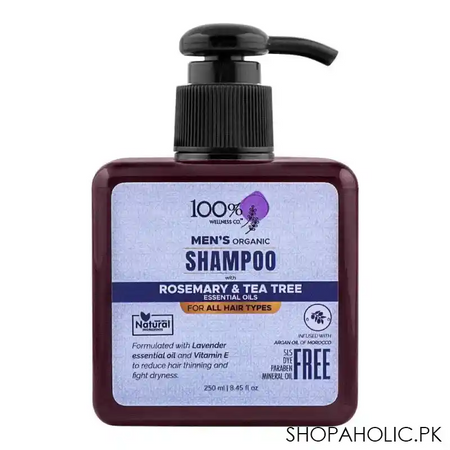 100% wellness co rosemary & tea tree men's organic shampoo, 250ml main image