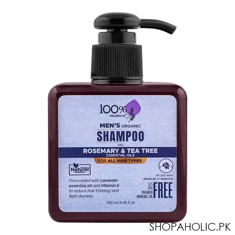 100% wellness co rosemary & tea tree men's organic shampoo, 250ml main image