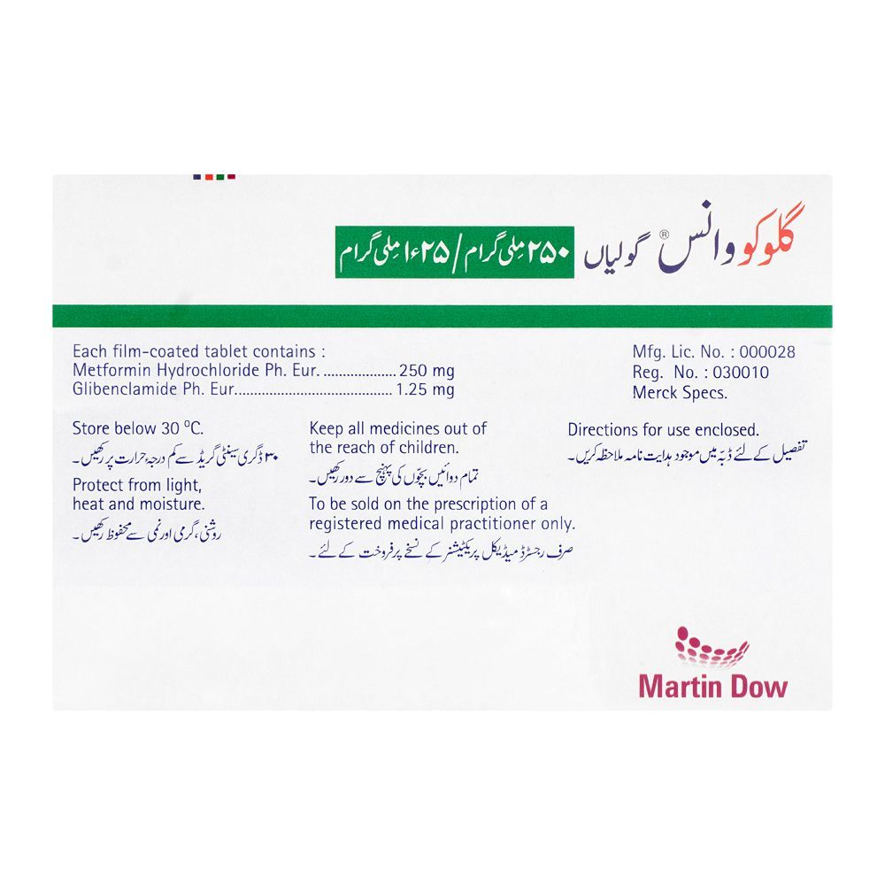 Martin Dow Glucovance Tablet, 250mg/1.25mg, 30-Pack - Image 2