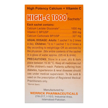 High-C 1000, Calcium & Vitamin C Supplement, Orange Flavor, Box (10 Sachets) - Image 2