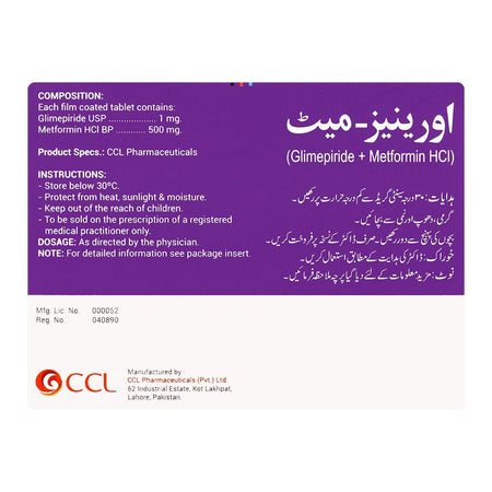 CCL Pharmaceuticals Orinase-Met Tablet, 1.0/500mg, 30-Pack - Image 2
