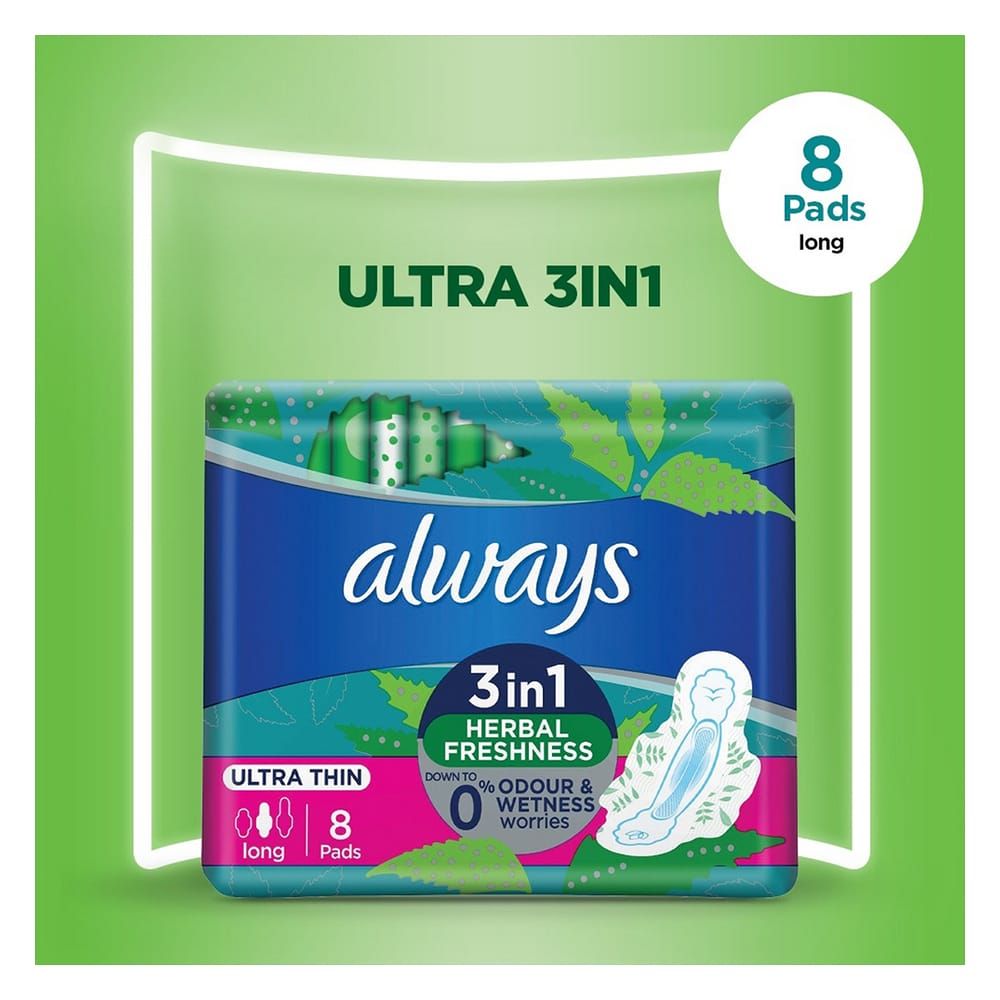 Always 3in1 Herbal Freshness Ultra Thin Long Pads, 8-Pack - Main Image
