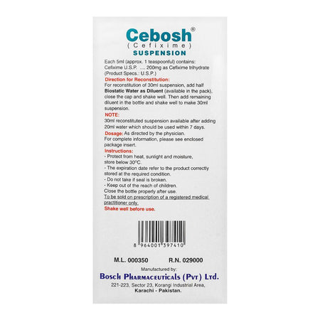 Bosch Pharmaceuticals Cebosh DS Suspension, 200mg/5ml, 30ml - Image 4