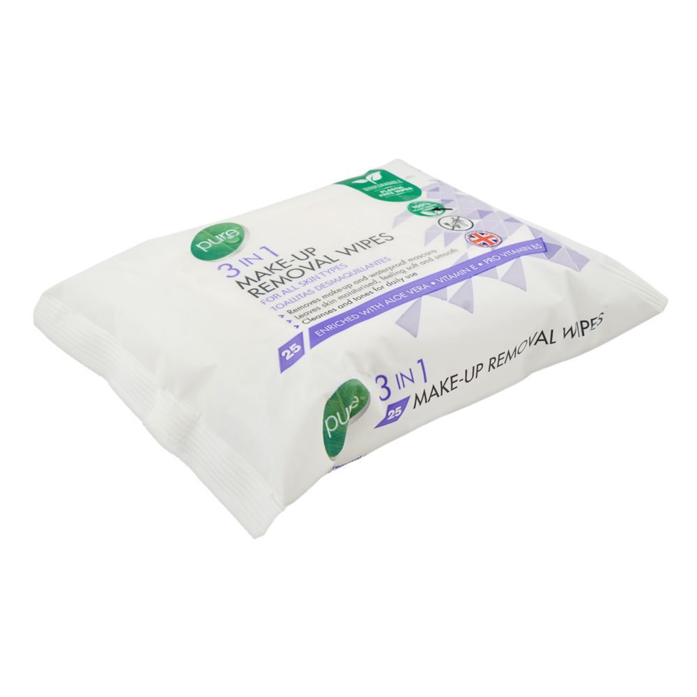 Pure 3-In-1 Make Up Removal Complete Cleansing Wipes, Aloe Vera, Vitamin E, For All Types Of Skin, 25-Pack - Main Image