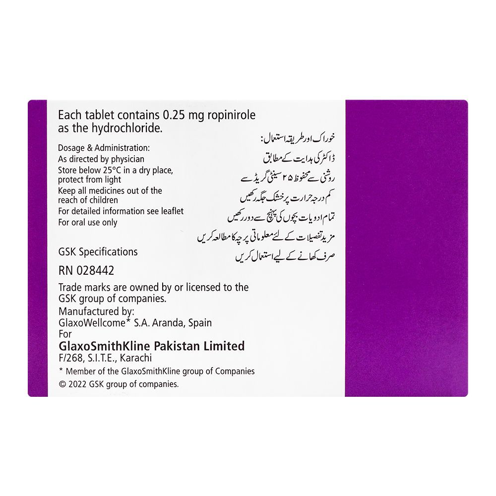 GSK Requip Tablet, 0.25mg, 21-Pack - Image 2