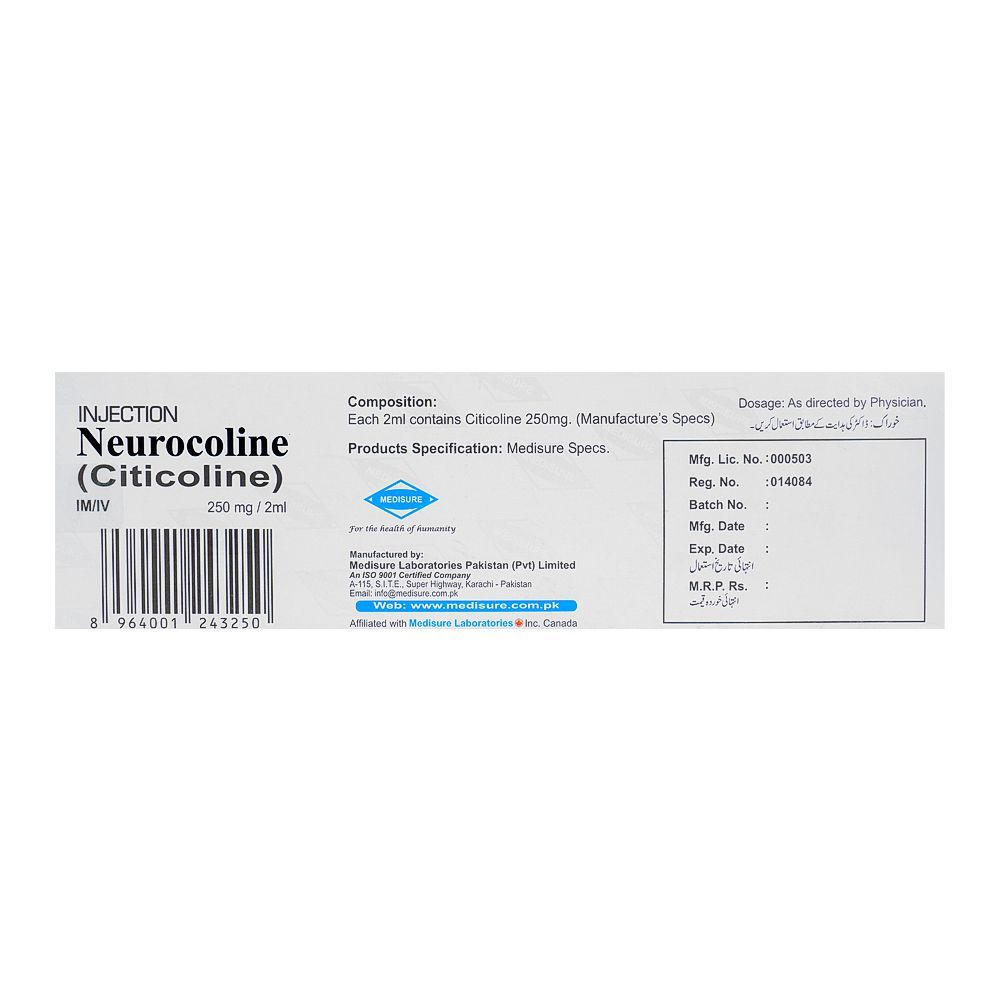 Medisure Laboratories Neurocoline Injection, IM/IV, 250mg/2ml - Image 2