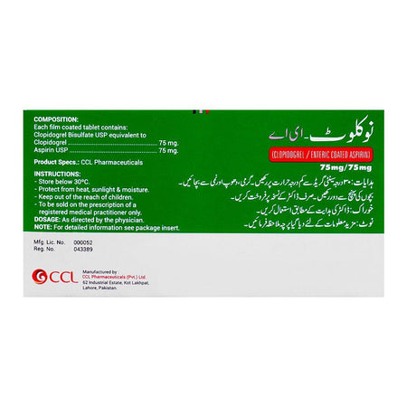CCL Pharmaceuticals Noclot-EA Tablet, 75mg/75mg, 10-Pack - Image 2