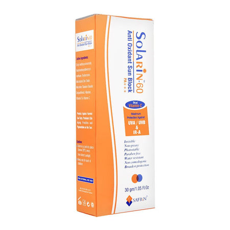 Solarin-60 Anti Oxidant Sun Block, PA+++, UAV/UVB, Paraben Free, 30g - Main Image