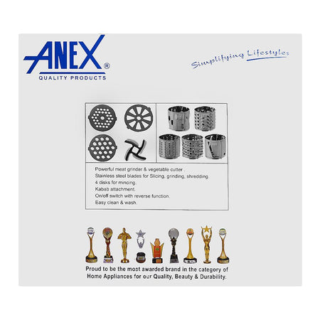 Anex Super Meat Grinder & Vegetable Cutter With 4 Disks, 1200W, White, AG-2049 - Image 4