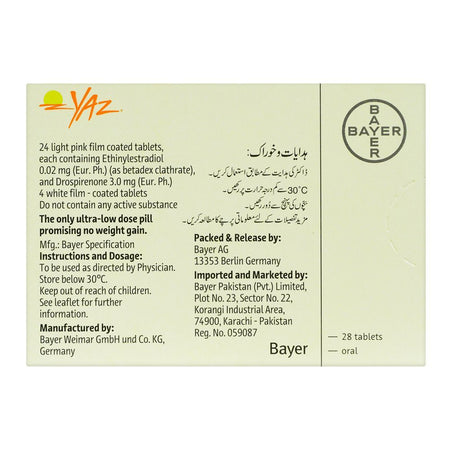 Bayer Pharmaceuticals Yaz Tablet, Oral, Ethinylestradiol 0.02mg And Drospirenone 3mg, 28 Tablets - Image 2