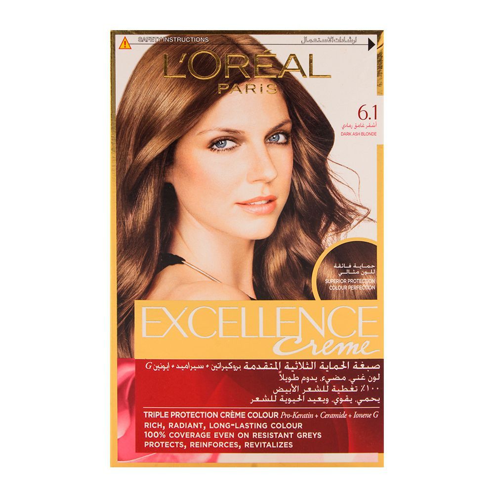 L'Oreal Excellence Creme Hair Color Dark Ash Blonde 6.1, Triple Protection Seals, Replenishes & Conditions - Main Image