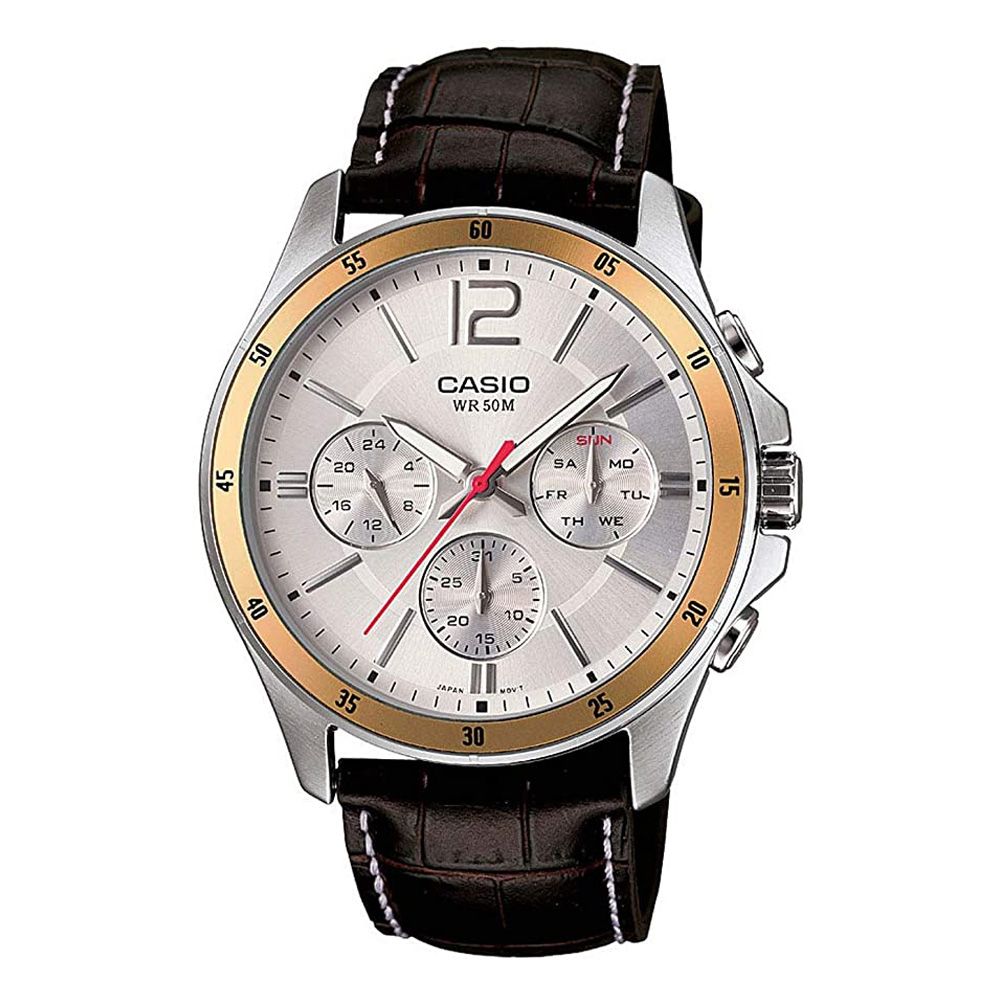 Casio Enticer Chronograph White Dial Men's Watch, Leather Strap, MTP-1374L-7AVDF - Main Image