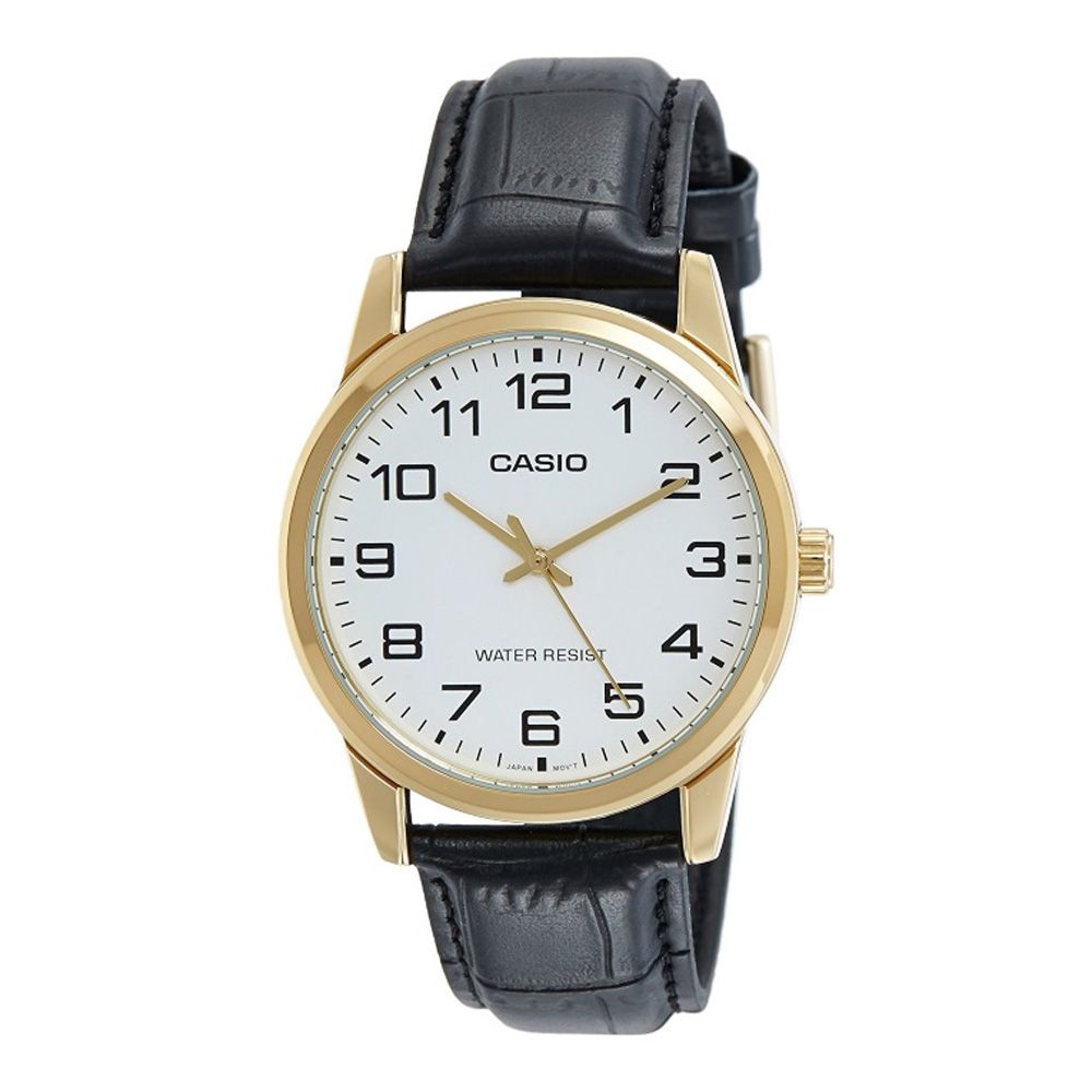 Casio Enticer Men's Golden Body White Dial Analog Watch, Leather Strap, MTP-V001GL-7BUDF - Main Image