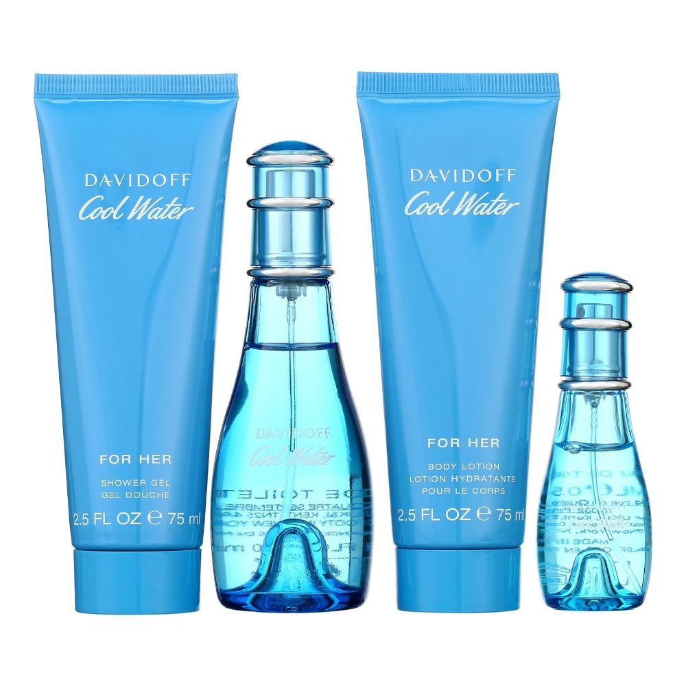 Davidoff Cool Water Gift Set: Eau de Toilette 50ml & 15ml+Shower Gel 75ml+Body Lotion 75ml, For Women, 4-Pack - Main Image