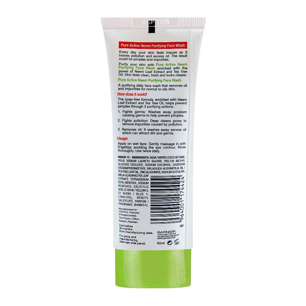 Garnier Skin Active Pure Active Neem Purifying Face Wash, For Normal to Oily Skin 50ml - Dissolve Dirt and Impurities - Image 5