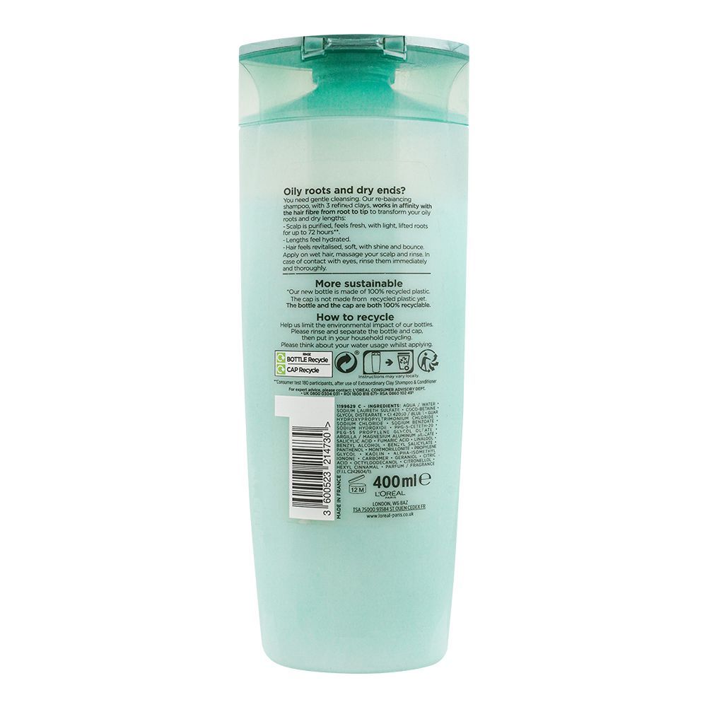 L'Oreal Paris Elvive Extraordinary Clay Re-Balancing Shampoo, For Oily Roots & Dry Ends, 400ml - Image 2