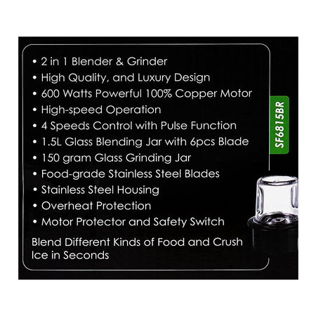 Sanford 2-In-1 Blender, 600W, 1.5 Liter, SF-6815BR - Image 4