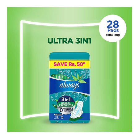 Always 3in1 Herbal Freshness Ultra Thin Extra Long Pads, 28-Pack, Save Rs.50/- - Main Image