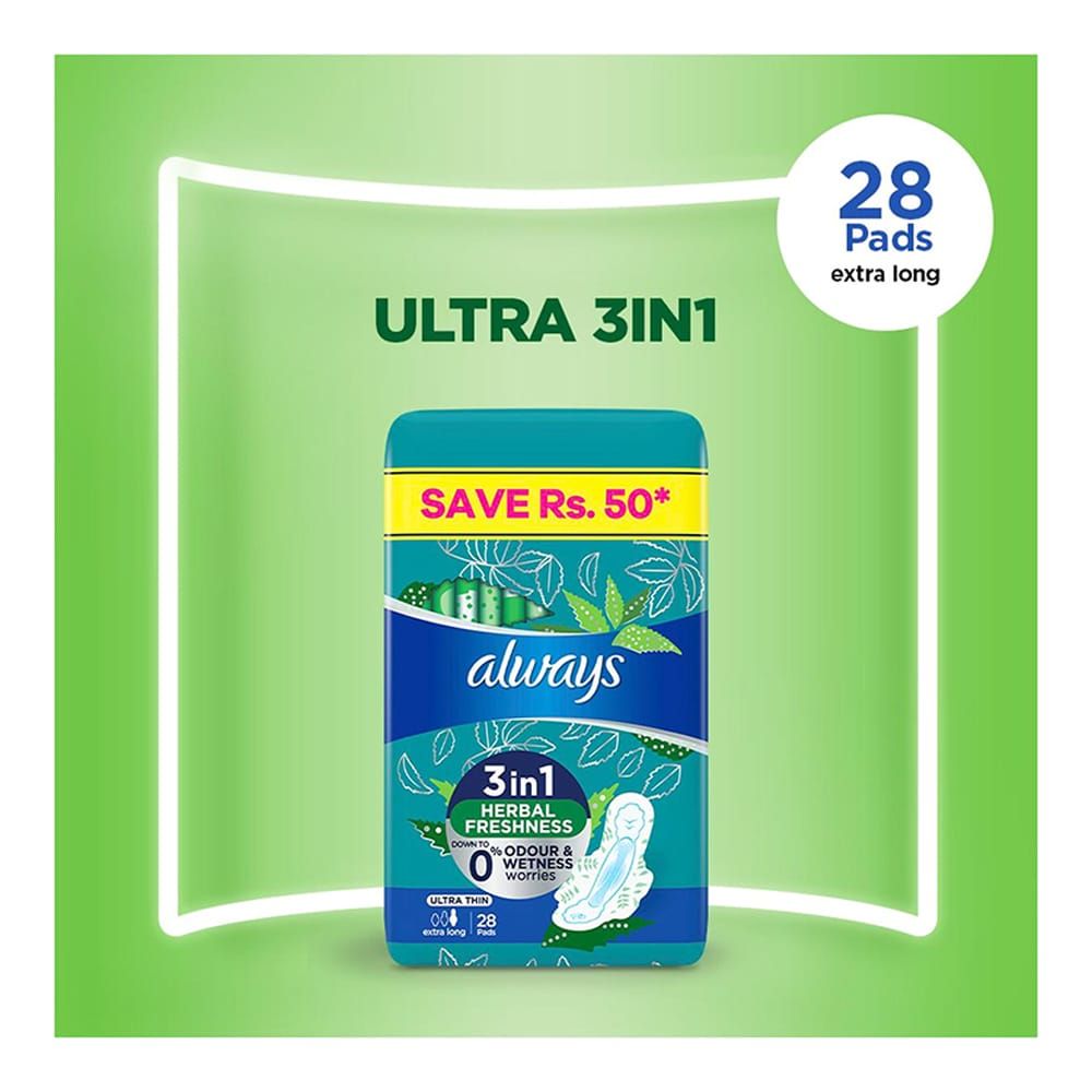 Always 3in1 Herbal Freshness Ultra Thin Extra Long Pads, 28-Pack, Save Rs.50/- - Main Image