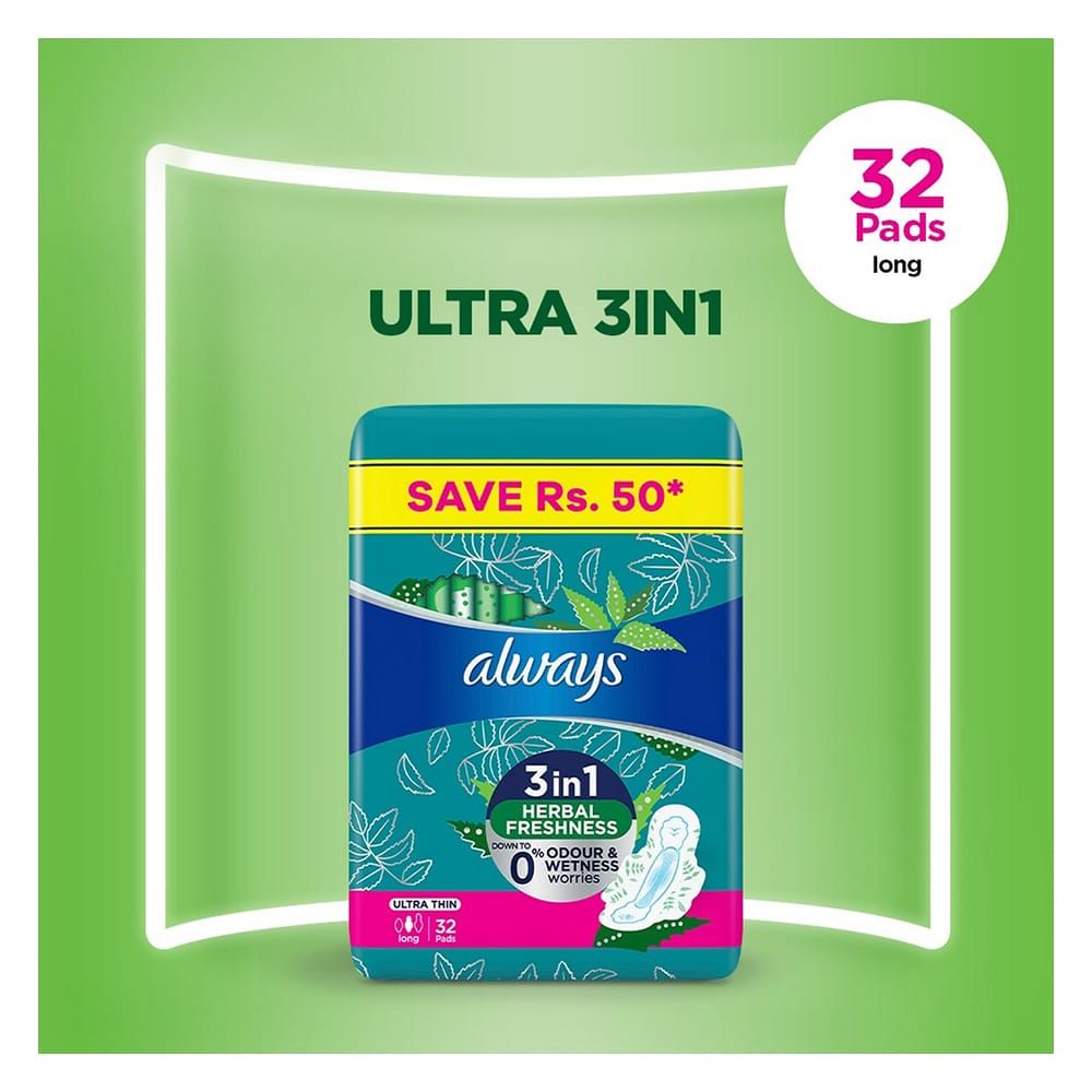 Always 3in1 Herbal Freshness Ultra Thin Long Pads, 32-Pack, Save Rs.50/- - Main Image