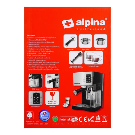 Alpina Espresso Coffee Machine, Silver/Black, SF-2812 - Image 4