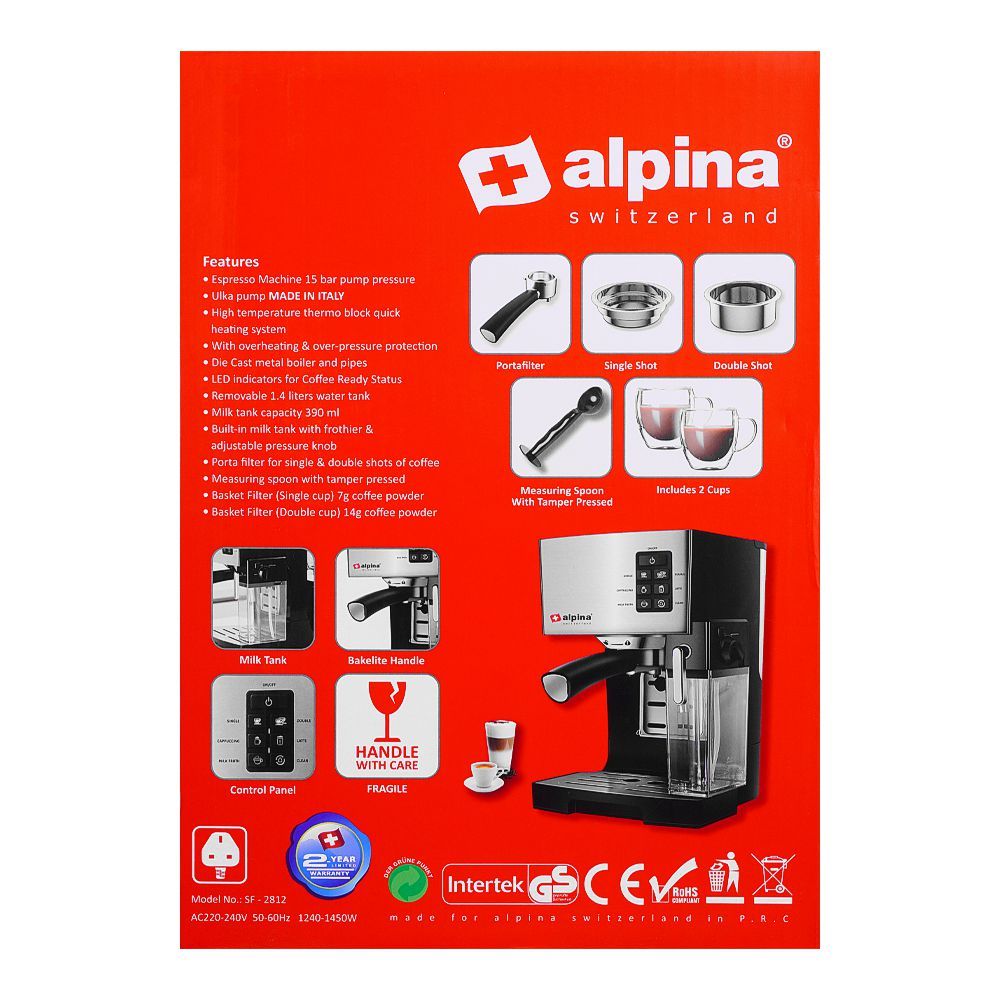 Alpina Espresso Coffee Machine, Silver/Black, SF-2812 - Image 4
