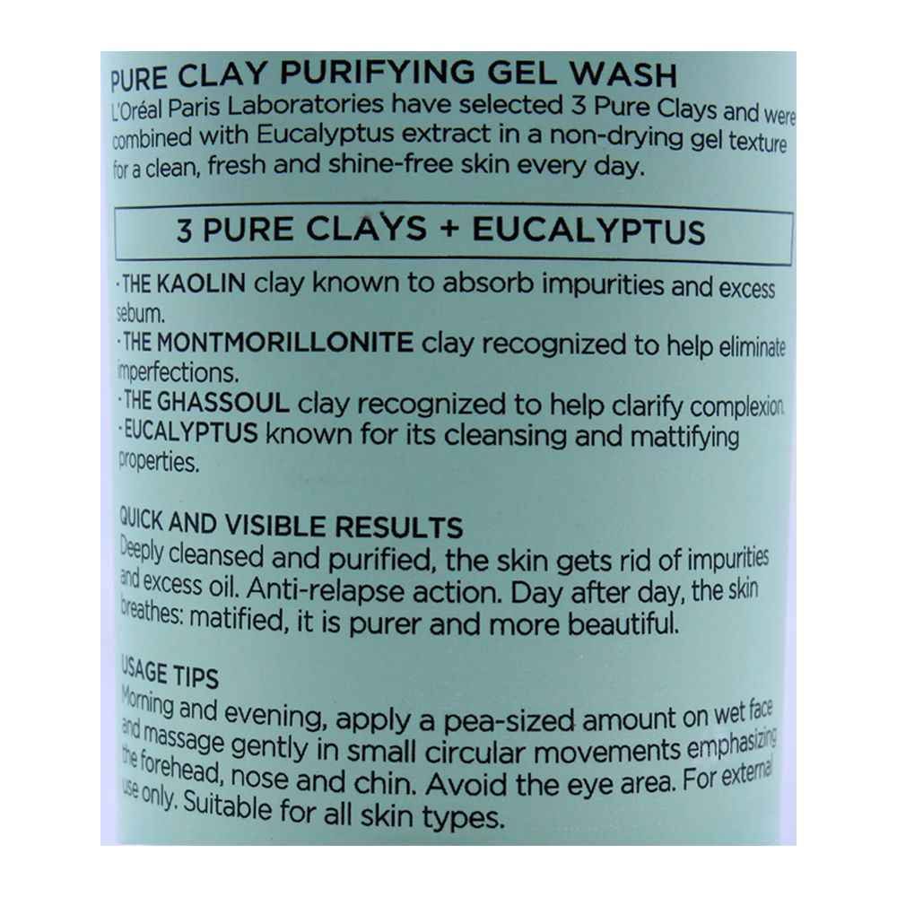 L'Oreal Paris Pure Clay Eucalyptus Purifying Gel Wash, 150ml - Image 4