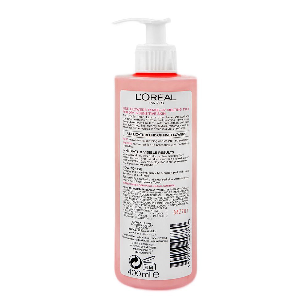 L'Oreal Paris Fine Flowers Cleansing Milk, For Dry & Sensitive Skin, 400ml - Image 2