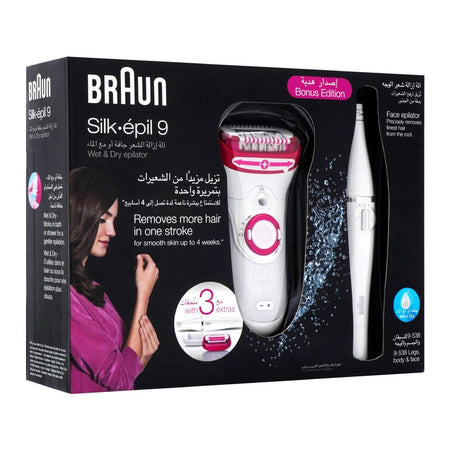 Braun Silk Epil 9 Wet & Dry Epilator, Legs + Body + Face, White/Pink, 9538 - Image 3