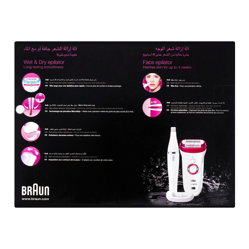 Braun Silk Epil 9 Wet & Dry Epilator, Legs + Body + Face, White/Pink, 9538 - Image 4