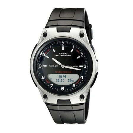 Casio Youth Analog-Digital Telememo Illuminator Black/Silver Men's Watch, Black Resin Band, AW-80-1AVDF - Main Image