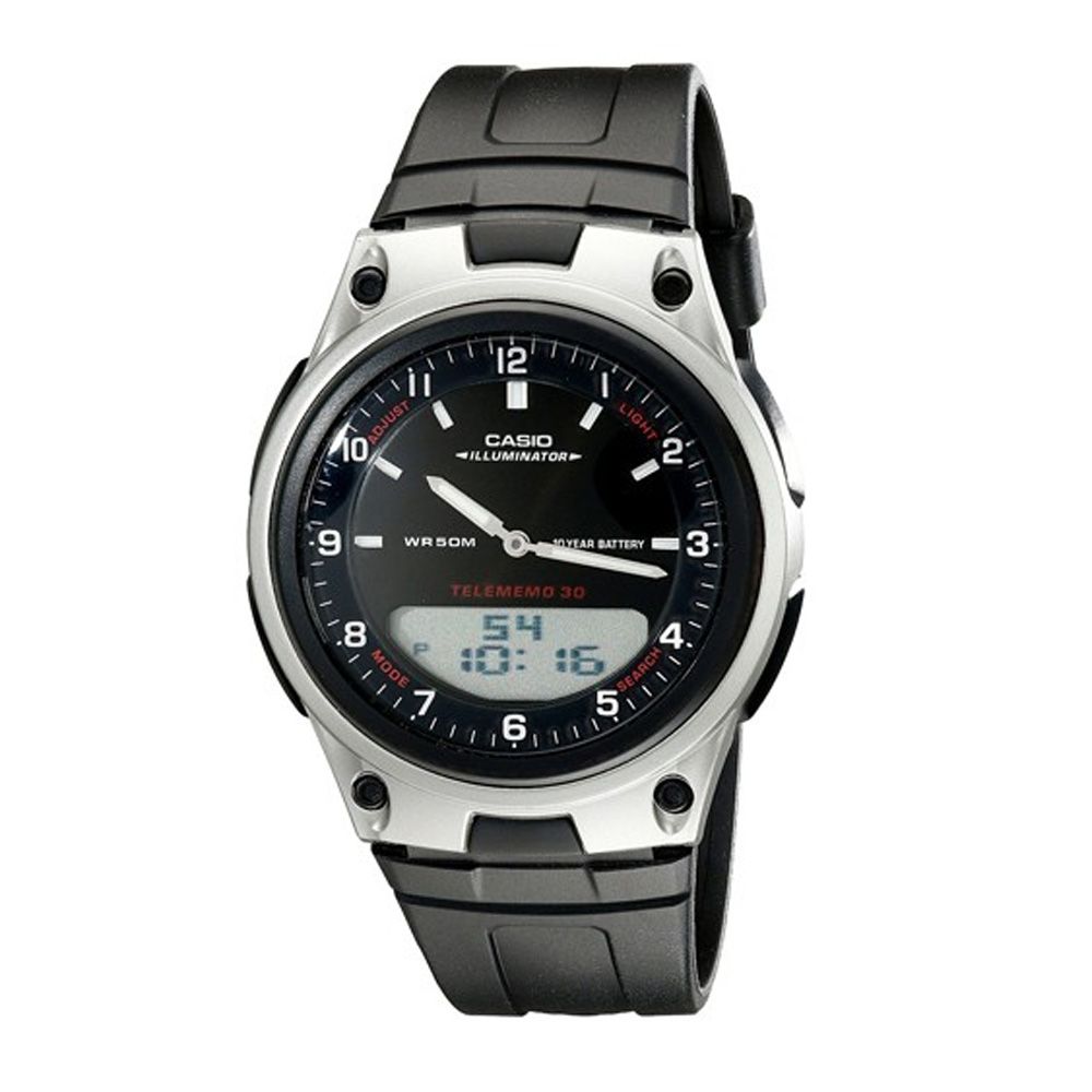 Casio Youth Analog-Digital Telememo Illuminator Black/Silver Men's Watch, Black Resin Band, AW-80-1AVDF - Main Image