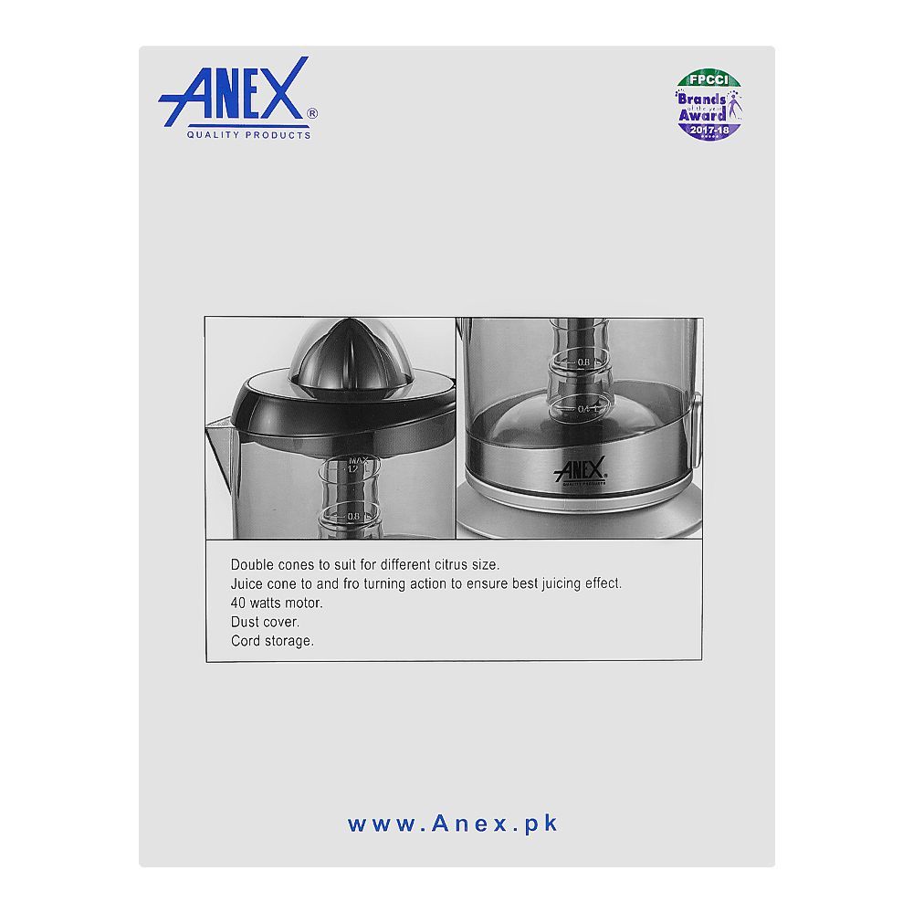 Anex Citrus Juicer With Dust Cover, 40W, Black & Silver, AG-2054 - Image 3