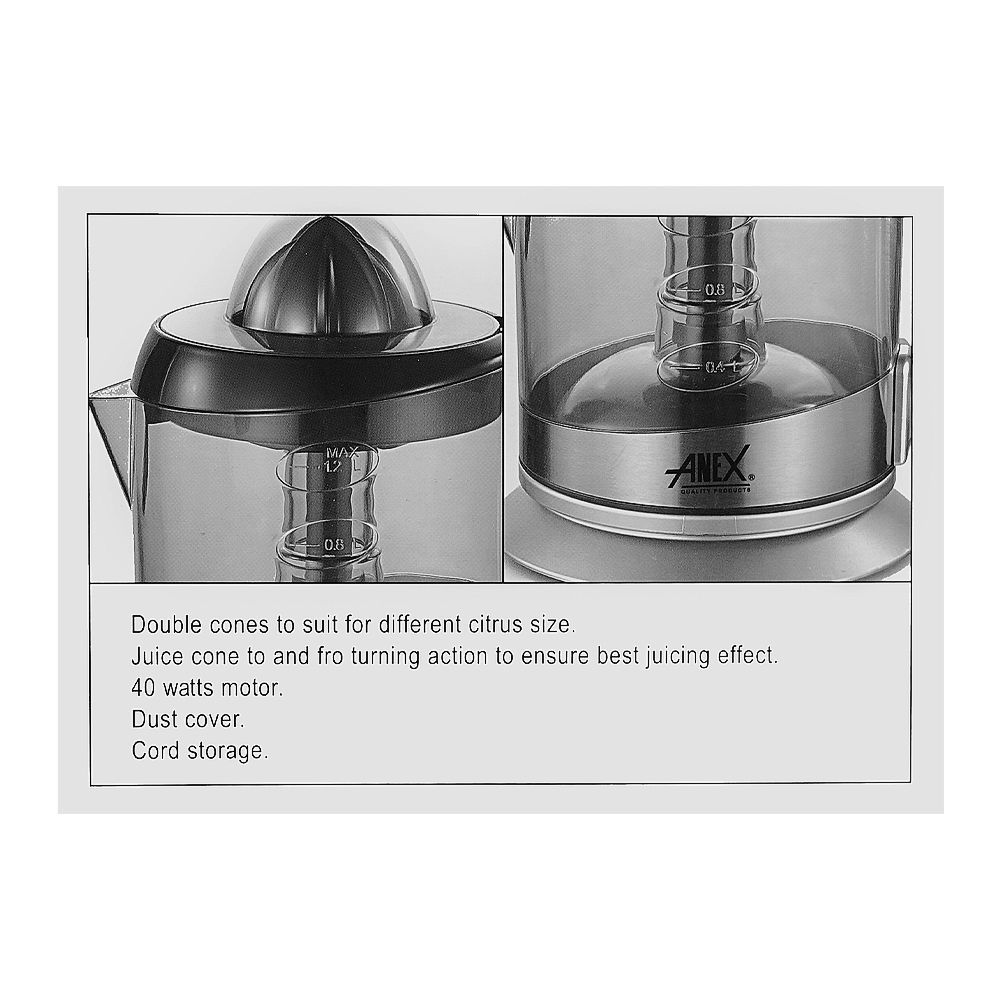 Anex Citrus Juicer With Dust Cover, 40W, Black & Silver, AG-2054 - Image 4