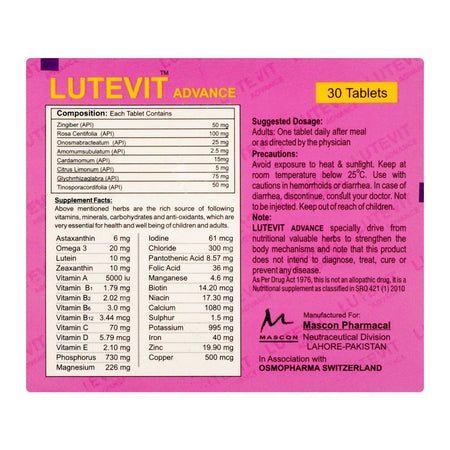 Mascon Pharmacal Lutevit Advance Tablet, Sugar-Free, 30-Pack - Image 2