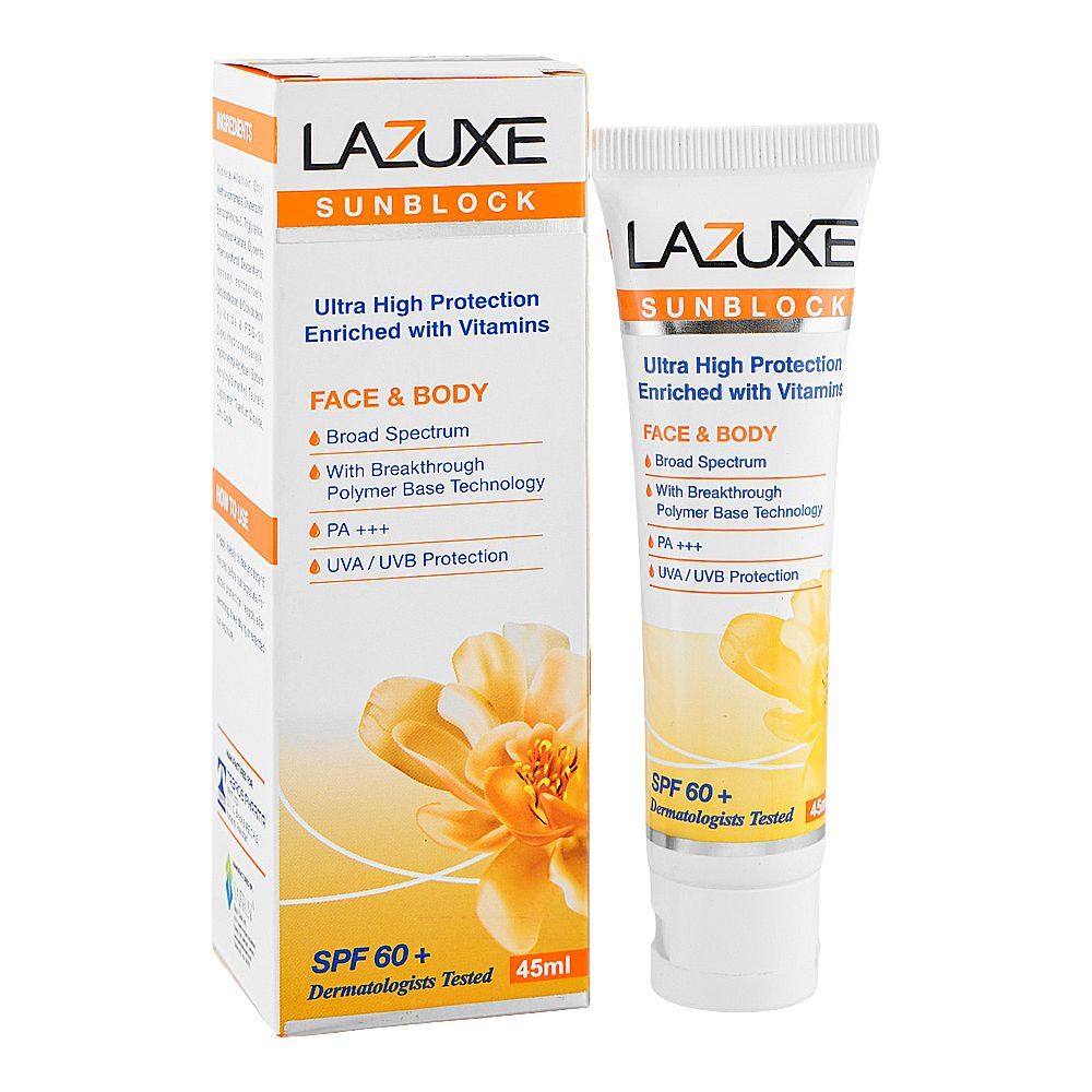 Lazuxe Sunblock SPF 60 PA+++, Broad Spectrum UVA & UVB Protection, Lightweight Formula, 45ml - Main Image