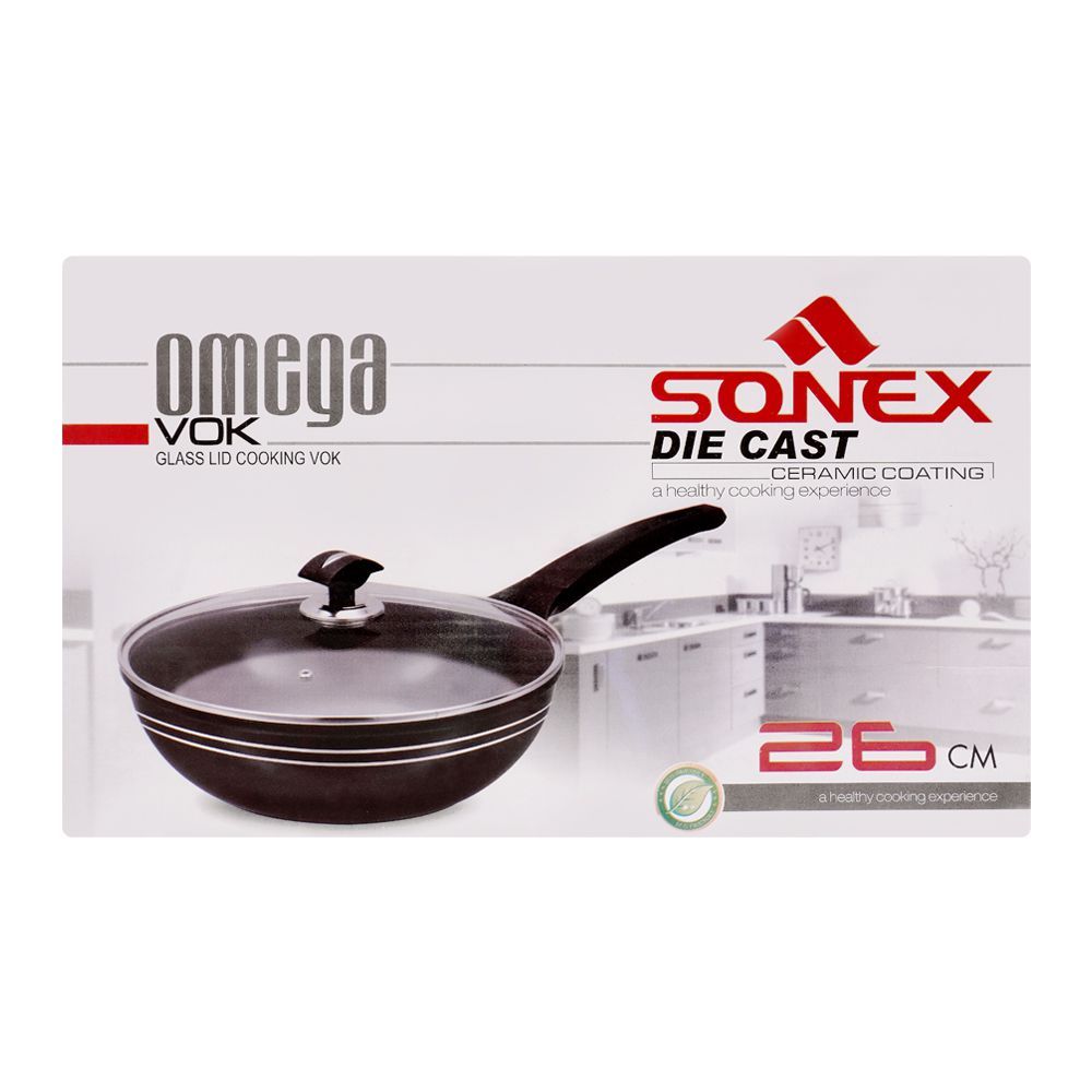 Sonex Omega Die Cast Wok, With Glass Lid, 26cm, 52278 - Image 2