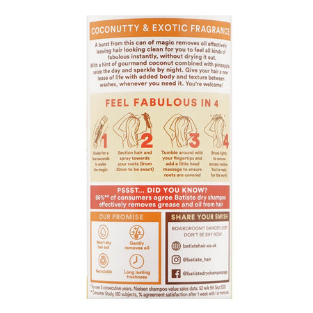 Batiste Coconut & Exotic Tropical Dry Shampoo, Refreshes Hair Without Drying Out, 200ml - Image 3