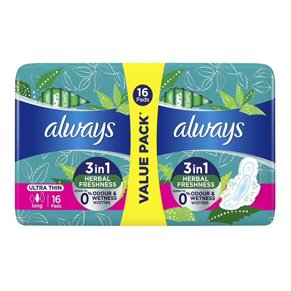 Always 3in1 Herbal Freshness Ultra Thin Long Pads, 16-Value Pack - Main Image