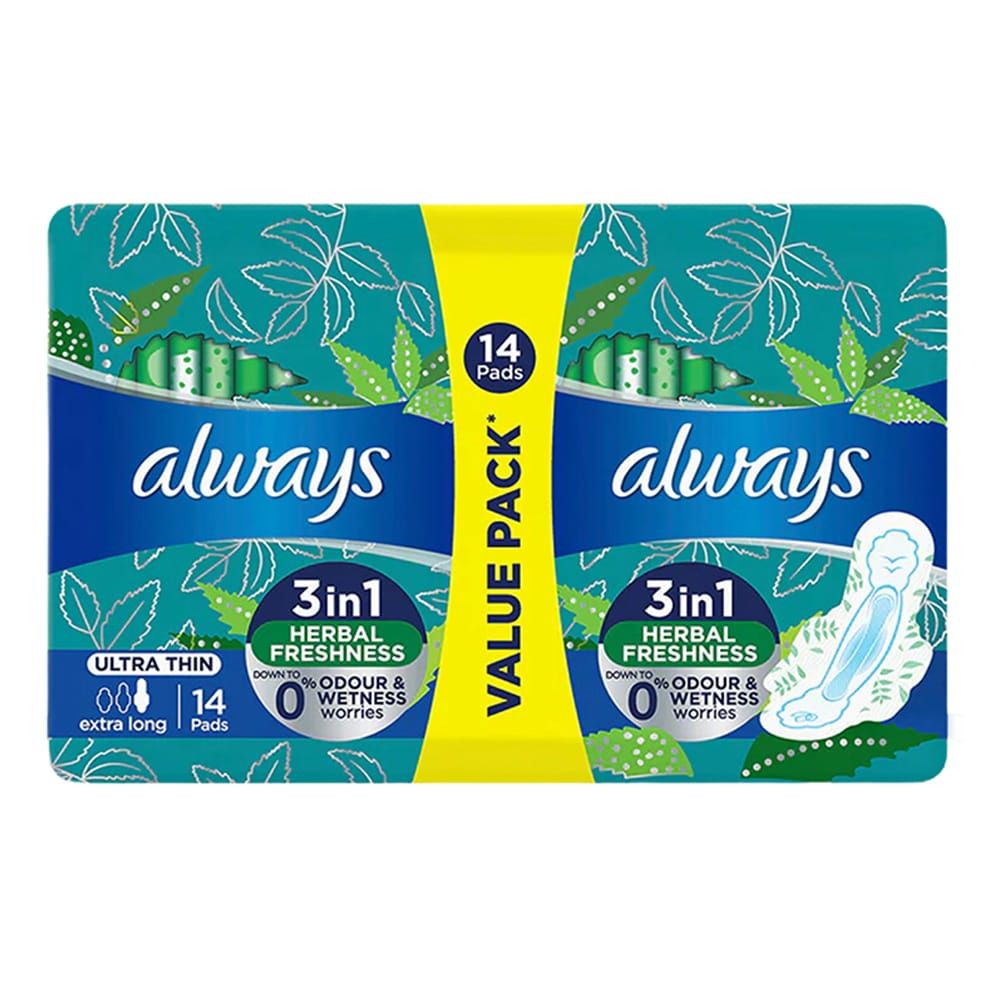 Always 3in1 Herbal Freshness Ultra Thin Extra Long Pads, 14-Value Pack - Main Image