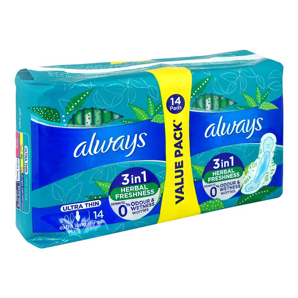 Always 3in1 Herbal Freshness Ultra Thin Extra Long Pads, 14-Value Pack - Image 2