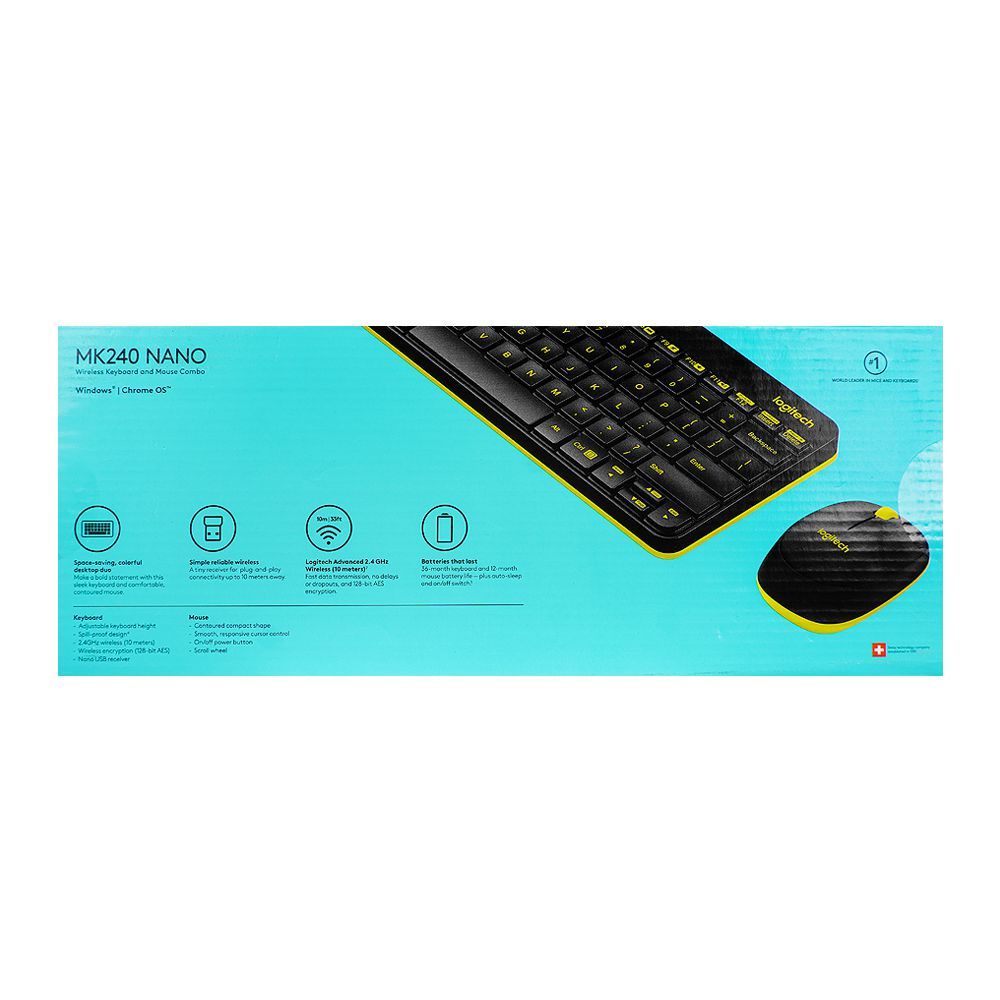Logitech Nano Wireless Keyboard & Mouse Combo, 36M Keyboard & 12M Mouse Battery Life, Black & Yellow, MK-240, 920-008202 - Image 3